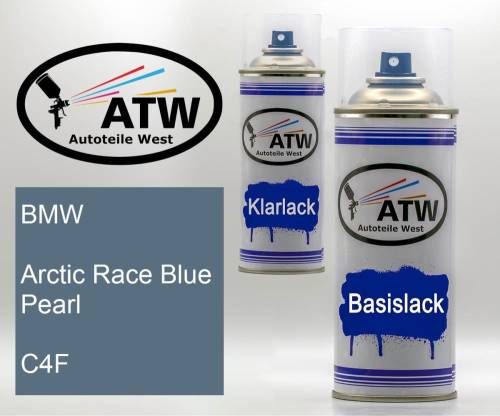 BMW, Arctic Race Blue Pearl, C4F: 400ml Sprühdose + 400ml Klarlack - Set, von ATW Autoteile West.